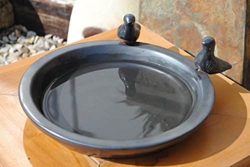 Kunert-Keramik Vogeltränke mit Zwei kleinen Vögelchen,rund,matt schwarz glasiert,30cm
