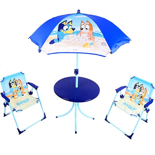 Toyland® Bluey & Bingo Terrassenset mit Tisch und Stühlen – 1 Tisch, 2 Stühle und 1 Sonnenschirm – Kindermöbel für drinnen und draußen – perfekt für Strand und Garten