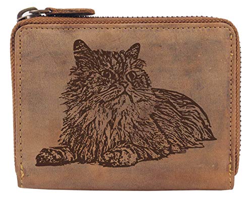 Greenburry Portemonnaie Damen Geldbörse Braun mit Perser Katze Motiv 13x10x3cm