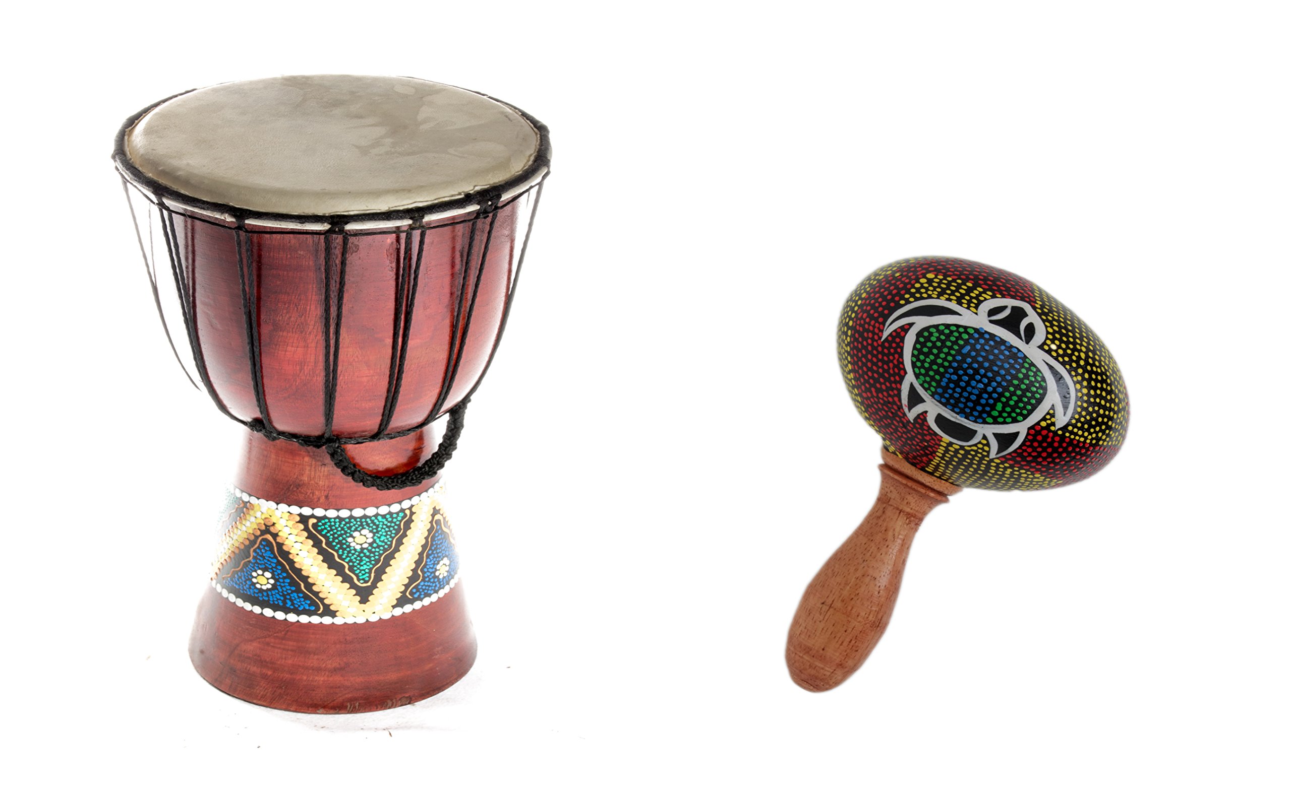 30cm Kinder Djembe Trommel Bongo Drum Holz Bunt Bemalt + Rassel Schildkröte R1