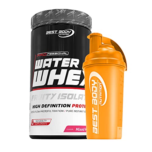 460 g Best Body Nutrition Water Whey Fruity Isolate (Mixed Melon) Molkenprotein + Protein Shaker (orange)