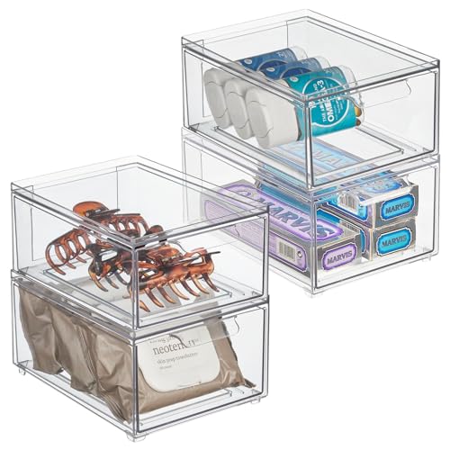 mDesign Kosmetikorganizer – stapelbare Schubladenbox aus Kunststoff – praktische Box zur Aufbewahrung von Badartikeln – 4er-Set – durchsichtig