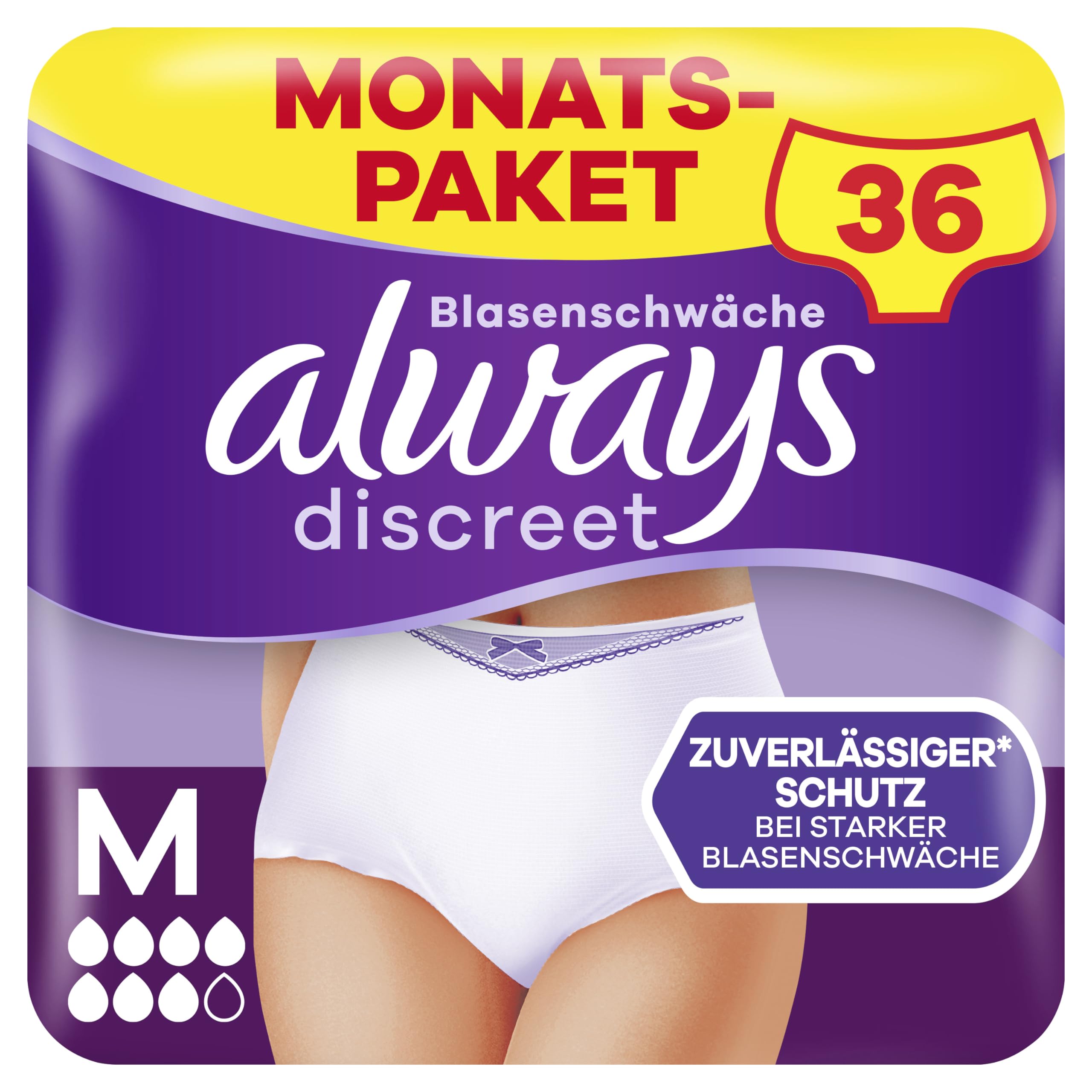 Always Discreet Inkontinenz Pants Gr. M, Plus, 36 Höschen (4 x 9 Stück) für Damen, Monatspaket, schliesst Gerüche und Flüssigkeit sofort ein (Verpackung kann variieren)
