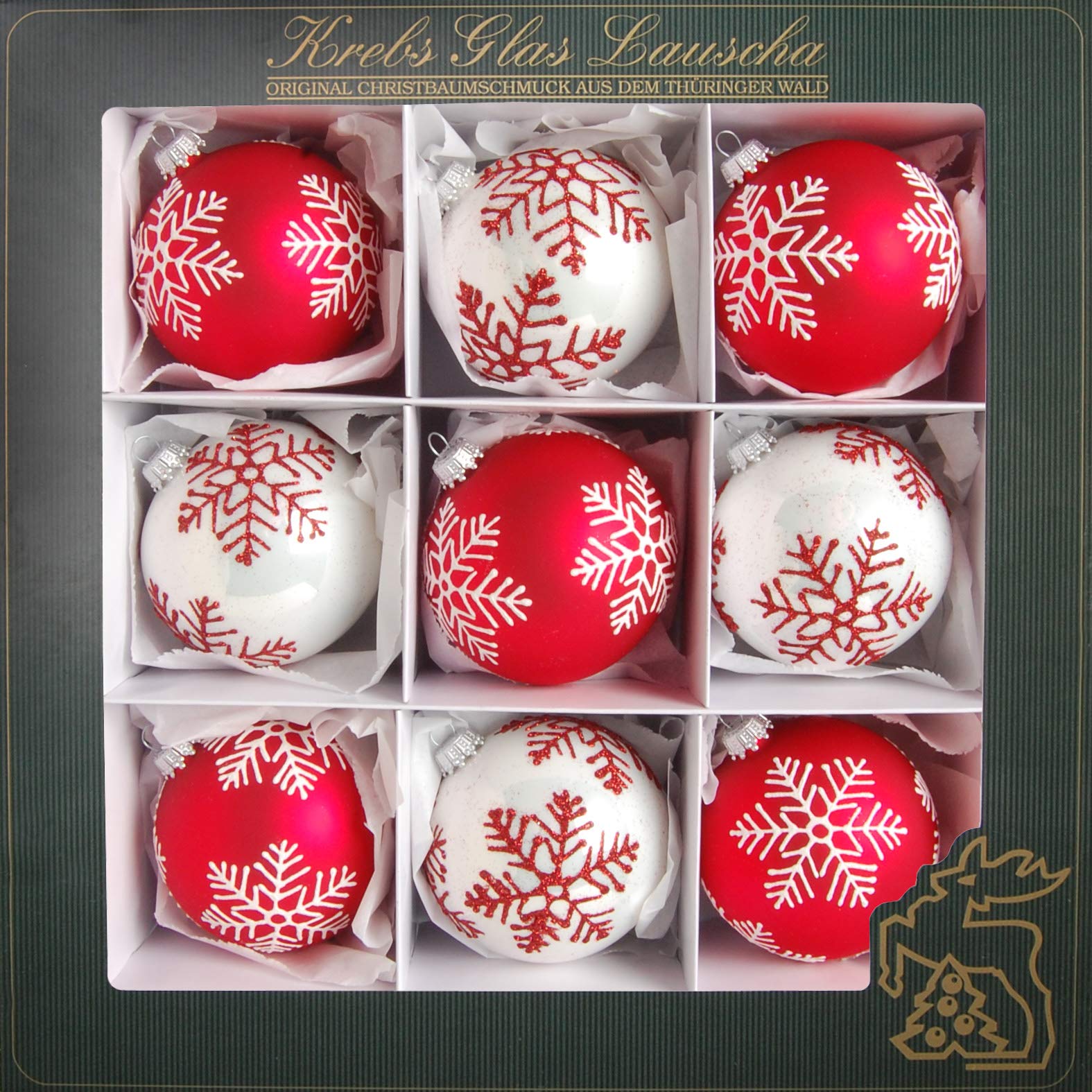 Krebs Glas Lauscha - Weihnachtsdekoration/Christbaumschmuck aus Glas - Weihnachtskugeln - Motiv: Schneeflocken Rot/Weiß - 9 Stück - Größe: ca. 8 cm