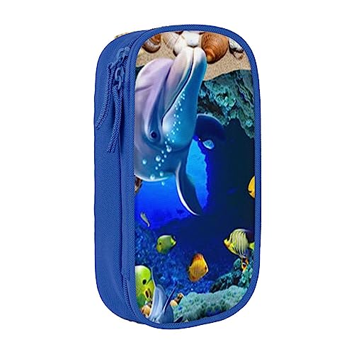 3D Underwater World Delphin Federmäppchen, mittlere Größe, Stiftehalter, Tasche mit Doppelreißverschlüssen für die Arbeit, niedlich, blau, Einheitsgröße, Koffer