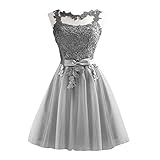 Amosfun Kurze Spitze Brautjungfernkleid Elegent Abendkleid Schlank Abendkleid Weiche ärmellose Brautkleider (Grau, Größe S)