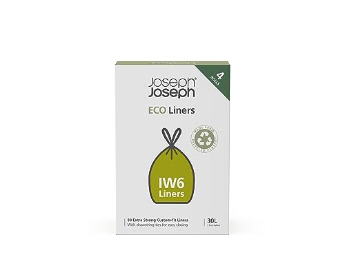 Joseph Joseph IW6 30L Öko Eco Müllbeutel aus recyceltem Kunststoff, Küchenabfallbeutel mit Kordelzug, extra stark - 4 Pack x 20 Beutel, Grau