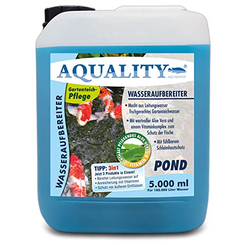AQUALITY Gartenteich Wasseraufbereiter Pond 3in1 (Macht aus Leitungswasser fischgerechtes Teichwasser - Mit Aloe Vera, Vitamine - Schleimhautschutz), Inhalt:5 Liter