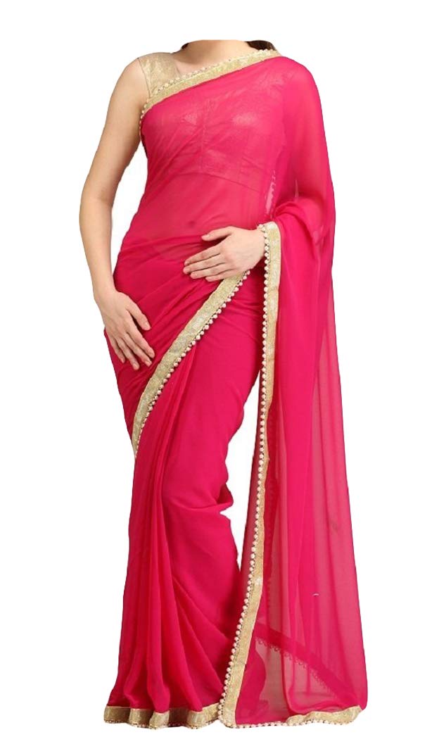 ABN Fashion Indische ethnische Hochzeit Faux Georgette Frauen Partywear Sari mit ungenähter Bluse - Pink - Einheitsgröße