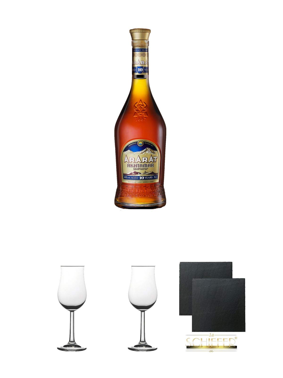 Ararat Akhtamar - 10 Jahre Brandy 0,5 Liter + 2 Bugatti Nosing Gläser mit Eichstrich 2cl und 4cl + 2 Schiefer Glasuntersetzer eckig ca. 9,5 cm Ø