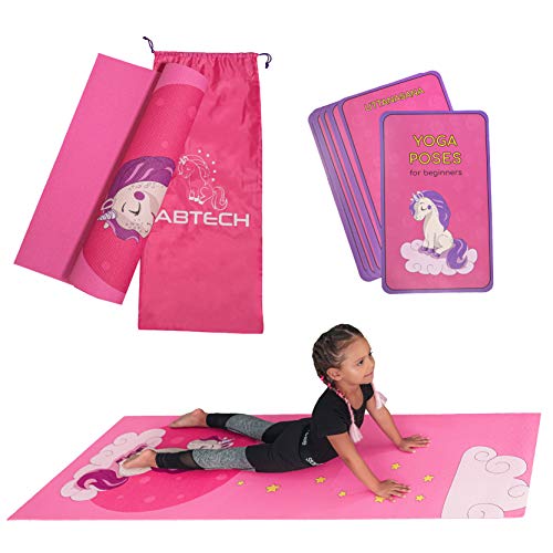 ABTECH Kinder Yogamatte im Set - Lustige Rosa Einhorn Yogamatte für Mädchen - Chemiefrei - Ungiftig - rutschfest - mit 12 Yogakarten