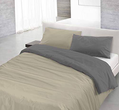 Italian Bed Linen Natural Color Doubleface Bettbezug, 100% Baumwolle, Turteltaube/Rauch, Einzelne