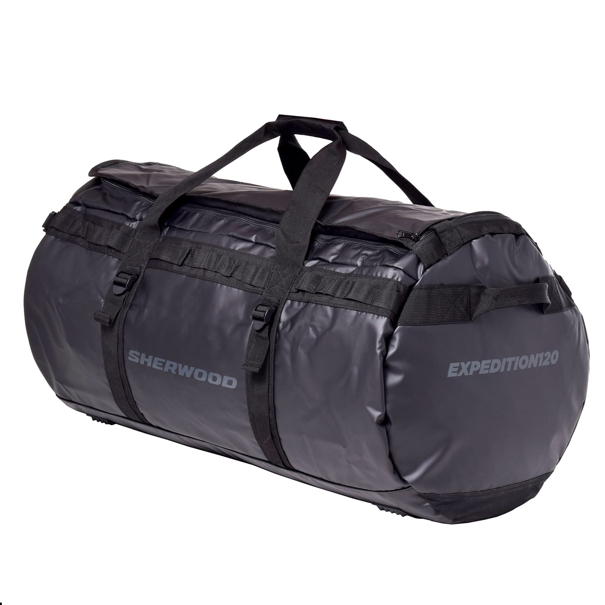 SHER-Wood Reisetasche Expedition, Sporttasche mit 120 l Volumen, Tasche mit Rucksackfunktion, Travelbag wasserdicht, Duffel Bag schwarz