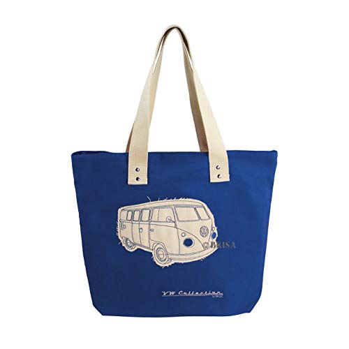 BRISA VW Collection - Volkswagen Lässige Canvas-Tasche, Einkaufs-Tasche-Tüte Strand-Tasche (Robust/VW T1 Bulli Bus Motiv/Dunkelblau)