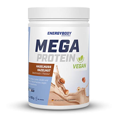 Energybody Mega Protein Vegan (Haselnuss) | Proteinpulver mit Erbsenprotein und Reisprotein ohne Soja | Veganes Eiweißpulver laktosefrei, zuckerfrei, glutenfrei, aspartamfrei | 750 g, 25 Portionen