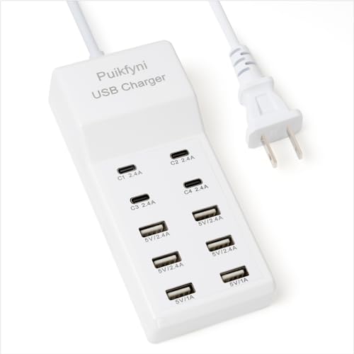 USB-Ladestation mit 10 Anschlüssen, Familiengröße, Desktop-USB-Schnellladegerät, intelligentes USB-Ladegerät für mehrere Geräte, Smartwatches, Handys, Tablets (elfenbeinfarben, USBC)