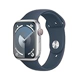 Apple Watch Series 9 (GPS + Cellular, 45 mm) Smartwatch mit Aluminiumgehäuse in Silber und Sportarmband S/M in Sturmblau. Fitnesstracker, Blutsauerstoff und EKG Apps, Always-On Retina Display