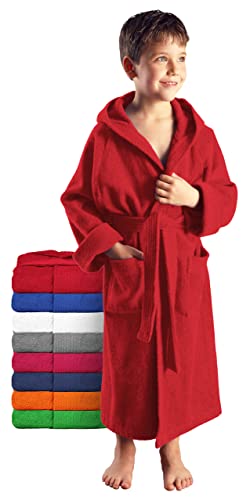 Arus Kinder-Bademantel mit Kapuze für Jungen und Mädchen, 100% Baumwolle Frottee, lang, Rot, 116