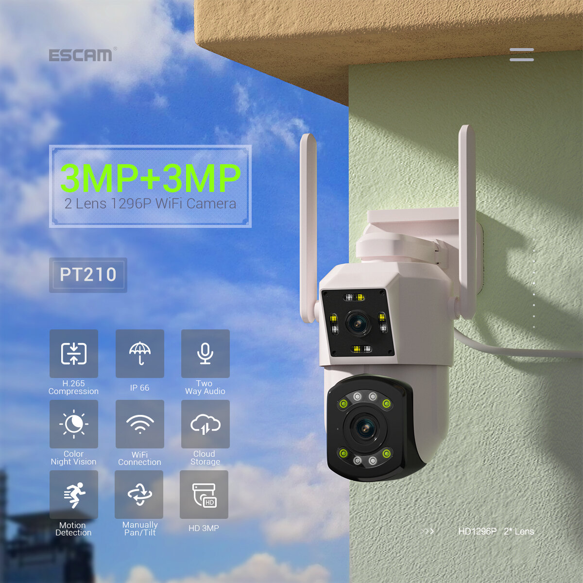 ESCAM PT210 2x3MP Dual-Objektiv Dual-Perspektiven Schwenk-/Neige-Bewegungserkennung Cloud-Speicher Wasserdichte WiFi-IP-
