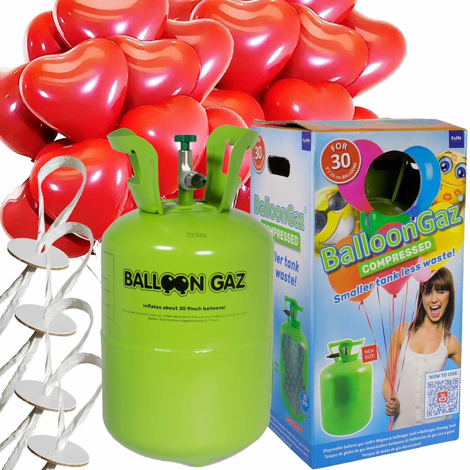 Helium Ballongas + Herzballons + Öko-Ballonbänder | 30er Heliumflasche + Knickventil + 16 Herz Luftballons + 50 Bänder | Herzen Geburtstag Party Hochzeit, Edition: Set mit 16 roten Herzballons