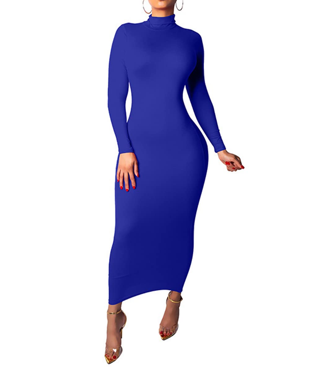 Frauen Rollkragenpullope Langarm Bodycon Maxi Kleid lässige Taille mit Röbel -Taille Solid Bleistiftkleid,Blau,M