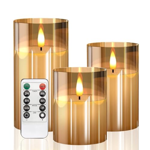 Led Kerzen mit Timerfunktion, Golden Glas flammenlose Kerzen Flackern mit Fernbedienung, Realistische Warme Lichtkerze, Bad Deko, Deko Wohnzimmer, Tischdeko Wohnzimmer, Set von 3