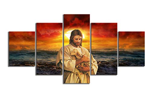 JYSHC Leinwandmalerei Jesus Hält EIN Lamm Seestück Sonnenuntergang Wandkunst Poster Home Decor Fx111Kz 150X100Cm 5 Stück Ohne Rahmen