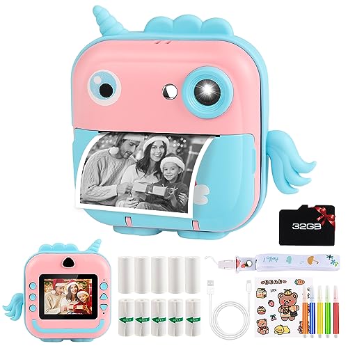 Kinderkamera Sofortbildkamera, GuKKK Digitalkamera für Kinder mit Druckpapier & 32G TF Karte, VideoKamera mit Farbigen Stiften & Fotoklammern (Rosa)