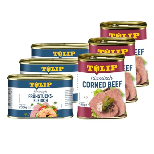 TULIP 3x Klassisches Corned Beef 340g + 3x Schweine-Frühstücksfleisch 200g | leckeres Rinder und Schweinefleisch | 98% Rindfleisch und 86% Schweinefleisch