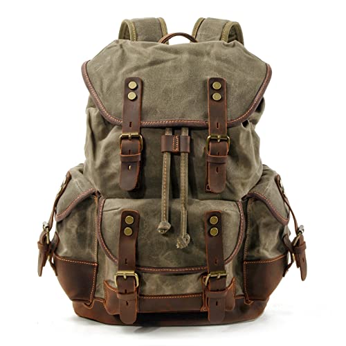 Vintage Reiserucksack für Herren, Wanderrucksack aus echtem Leder mit gewachstem Canvas,Große wasserdichte Tagesrucksäcke,Army green