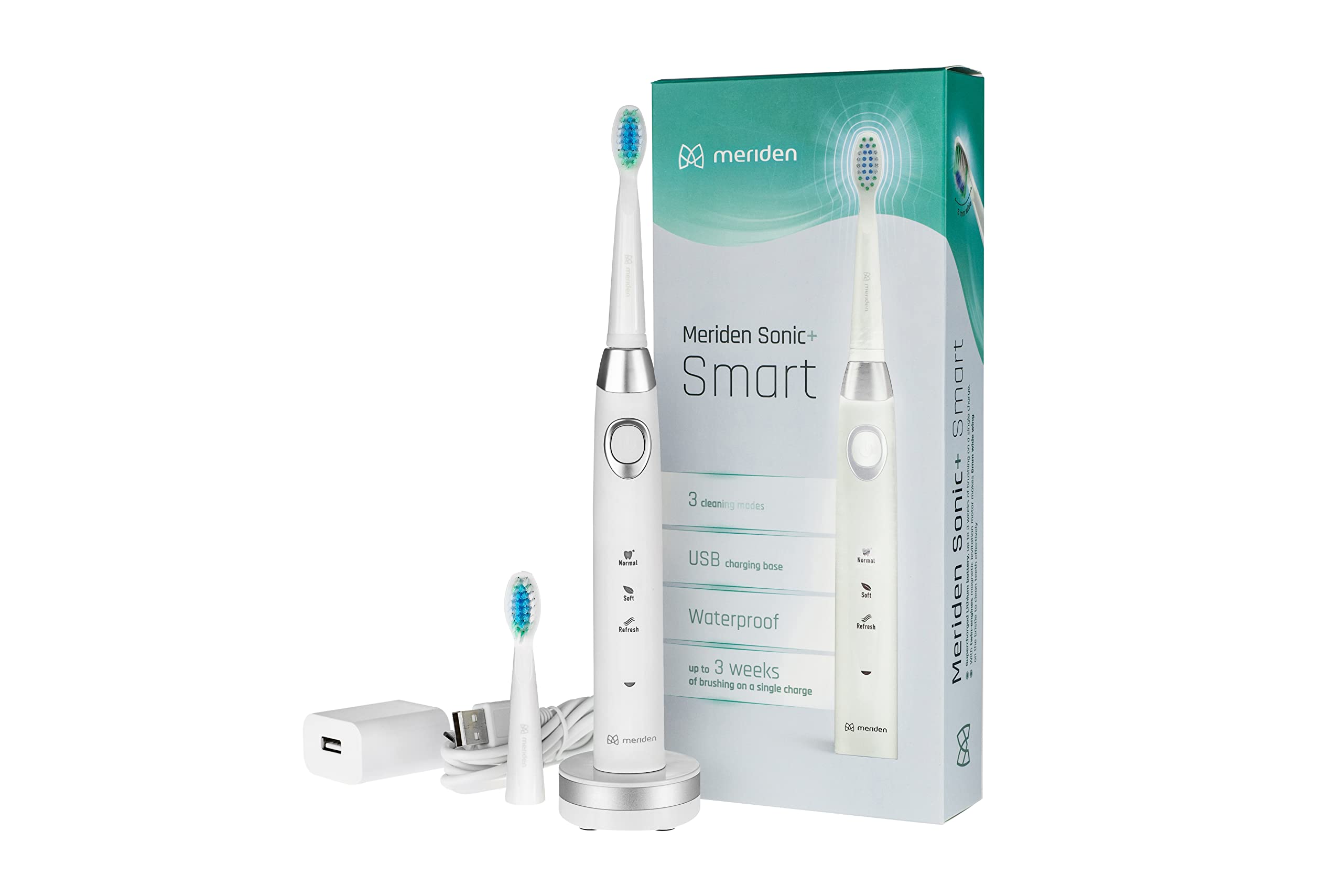 Meriden Schallzahnbürste Zahnbürste Sonic Reisezahnbürste mit Zahnbürstenhalter Smart 2x Aufsätze, 3 Modi, Timer USB Kabel EU Adapter weiß