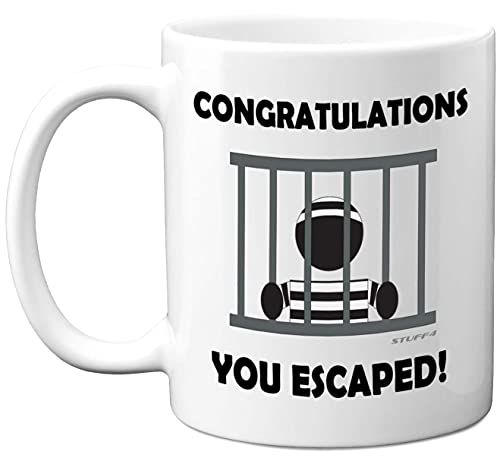 Stuff4 Abschiedsgeschenke für Männer oder Frauen – Congratulations You Escaped Pensionent-Tasse – 325 ml Keramik-Tassen – Abschiedsgeschenke für Kollegen, lustige Geschenke für Männer und Frauen