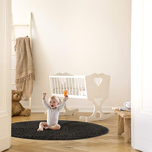 MyShop24h Teppich Wohnzimmer Kinderzimmer - Rund - Shaggy - 120x120 cm - Anthrazit Einfarbig Flauschig Hochflor Teppiche Modern