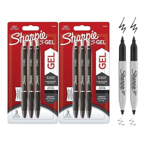 Sharpie S-Gel Gelschreiber, mittlere Spitze (0,7 mm), schwarze Tinte, 3 x 3 Stück + 2 Permanentmarker mit Doppelspitze