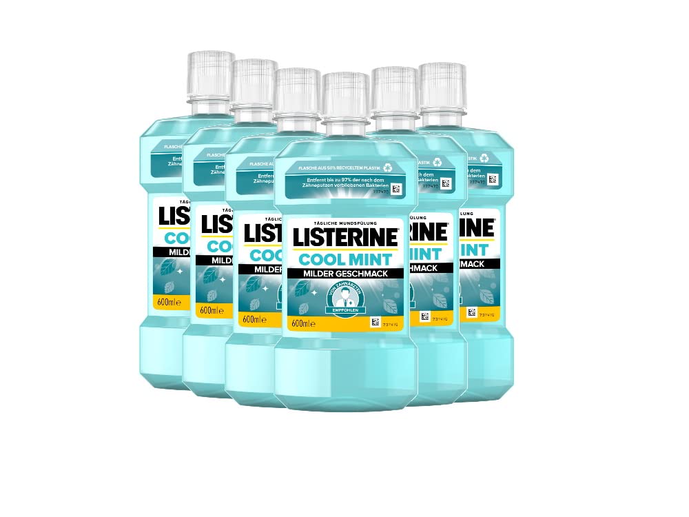 LISTERINE Cool Mint milder Geschmack - antibakterielle Mundspülung ohne Alkohol mit ätherischen Ölen - für ein langanhaltendes Frischegefühl im praktischen Vorratspack (6 x 600ml)