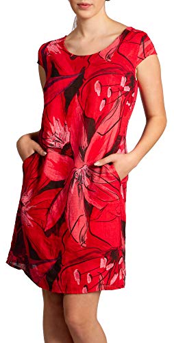 Caspar SKL035 knielanges Elegantes Damen Sommer Leinenkleid mit abstraktem Blüten Print, Farbe:rot, Größe:L - DE40 UK12 IT44 ES42 US10