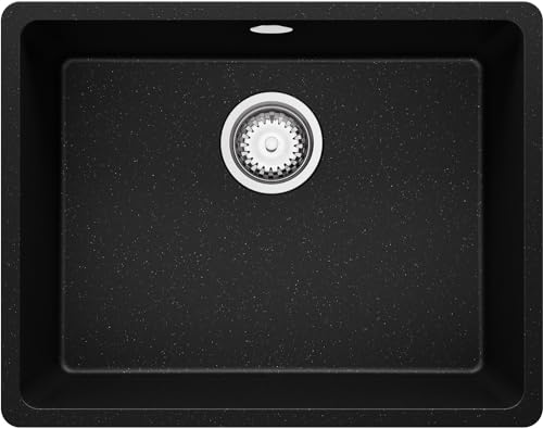 Spülbecken Schwarz Metallic 56x44 cm, Granitspüle 1 Becken + Ablauf-Set, Küchenspüle ab 60er Unterschrank, Einbauspüle von Primagran