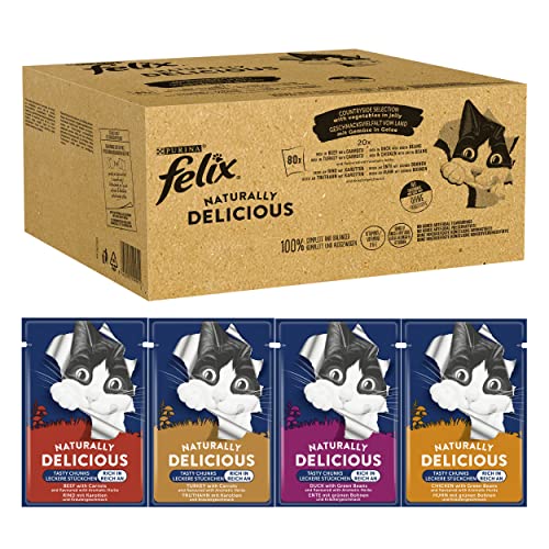 Felix Naturally Delicious Katzenfutter nass Geschmacksvielfalt vom Land mit Gemüse in Gelee 80er Pack (80 x 80g)