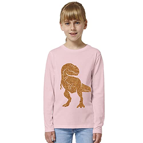 Hilltop Kinder Langarmshirt aus Biobaumwolle mit Dinosaurier Glitzer Motiv, Size:110/116, Dino:Pink-Dino Gold