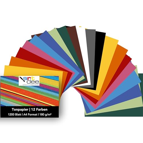 artdee® Tonpapier bunt in 12 verschiedenen Farben 180 g/m² – Bastelpapier Set (1200 Blatt gemischt in DIN A4) – Buntes Papier zum Basteln – Bastelpapier bunt für Kinder und Erwachsene