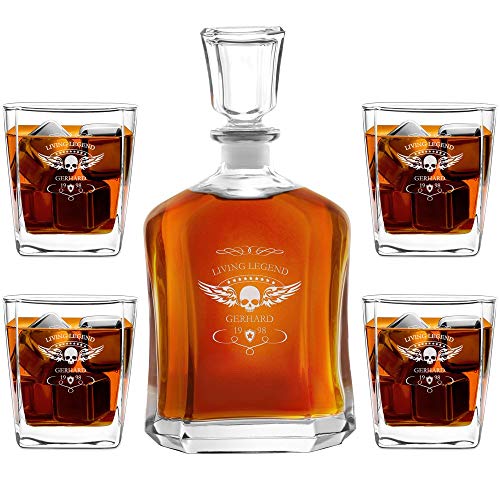 Murrano Whiskey Karaffe + 4er Whiskygläser Set mit Gravur - 700ml Whisky Dekanter - Geschenk zum Geburtstag für Männer - Living Legend
