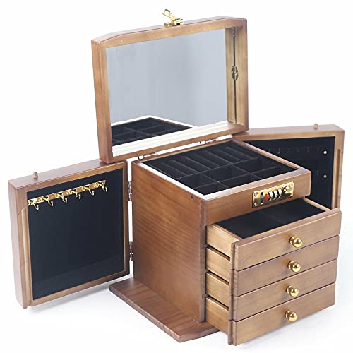 Holz Schmuckschatulle mit 5 Ebenen,Schmuckkasten mit Spiegel und Passwortsperre, Schmuckkästchen Schmuckkoffer,Aufbewahrungsbox mit ausziehbaren Schubladen