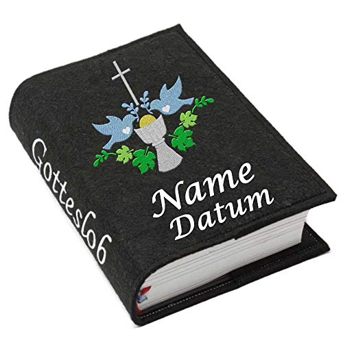 Gotteslob Gotteslobhülle Hülle Kelch blau Filz mit Namen bestickt Einband Umschlag personalisierte Gesangbuchhülle, Farbe:schwarz