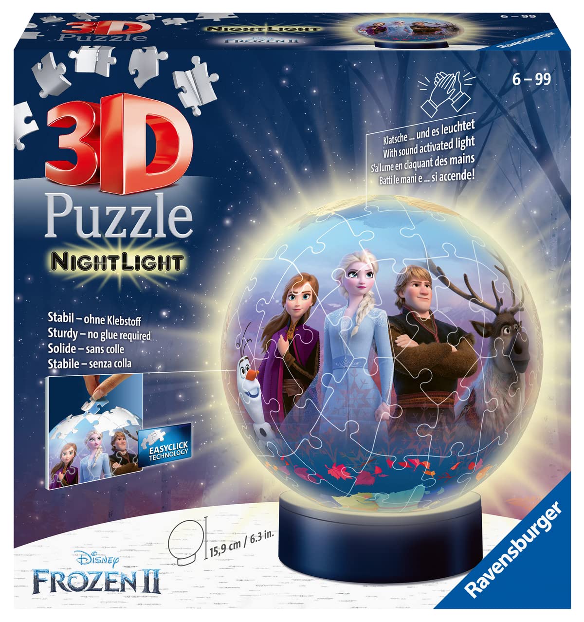 Ravensburger 3D Puzzle 11141 - Nachtlicht Puzzle-Ball Disney Frozen 2 - 72 Teile - ab 6 Jahren, LED Nachttischlampe mit Klatsch-Mechanismus