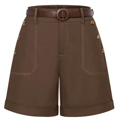 Damen Kurze Hose Hotpants Sommer Bermuda Shorts High Waist Shorts mit Tashcen Dunkelbraun M