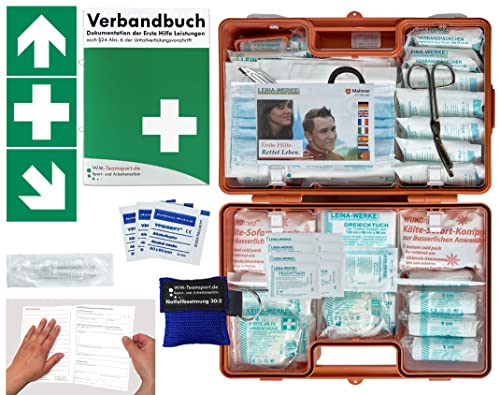 Verbandskoffer/Verbandskasten (G) Typ N -Paket 1- Erste Hilfe nach DIN 13169 für Betriebe -DSGVO- INKL. PERFORIERTEM VERBANDBUCH + Notfallbeatmungshilfe & FOLIENAUFKLEBER
