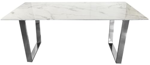 Casa Padrino Luxus Esstisch Weiß/Silber 160 x 80 x H. 75 cm - Esszimmer Tisch mit Kunstmarmor Tischplatte - Esszimmer Möbel - Luxus Möbel - Luxus Einrichtung
