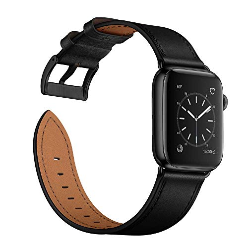 Arktis Lederarmband kompatibel mit Apple Watch (Apple Watch Ultra 1/2 49 mm) (Series 7 8 9 45 mm) (Series SE 6 5 4 44 mm) (Series 3 2 1 42 mm) Wechselarmband [Echtleder] - Schwarz