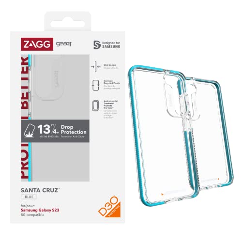 ZAGG Gear4 Santa Cruz Samsung Galaxy S23 Series Handyhülle, D30 Fallschutz bis zu 4 m, Kratzfest, transparent, funktioniert mit kabellosen Ladesystemen, Kantenschutz zu Kante