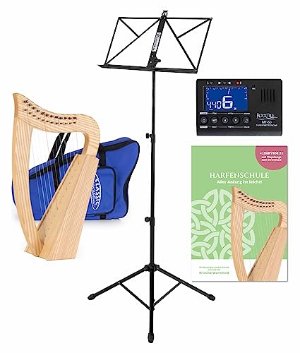 Classic Cantabile H-12 Keltische Harfe Set - Kompakte Celtic Harp aus Eschenholz - 12 Saiten - In C-Dur gestimmt - inkl. Tasche, Schule, Notenständer und Metro-Tuner & 2 Stimmschlüssel - Höhe: 51 cm